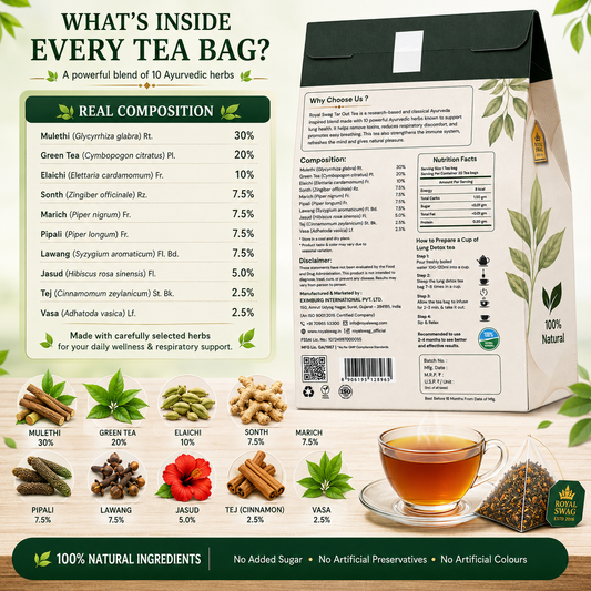 Royal Swag Lung Cleanse Herbal Tea – Ayurvedic Lung Detox Tea with Tulsi & Mulethi | Respiratory Support Tea | 20 Tea Bags