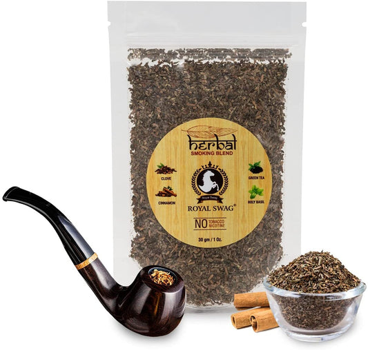 Premium Herbal Ayurvedic Smoking Mixture Blend + Captain Smoking Wooden Steel Pipe (1 oz/ 30g)