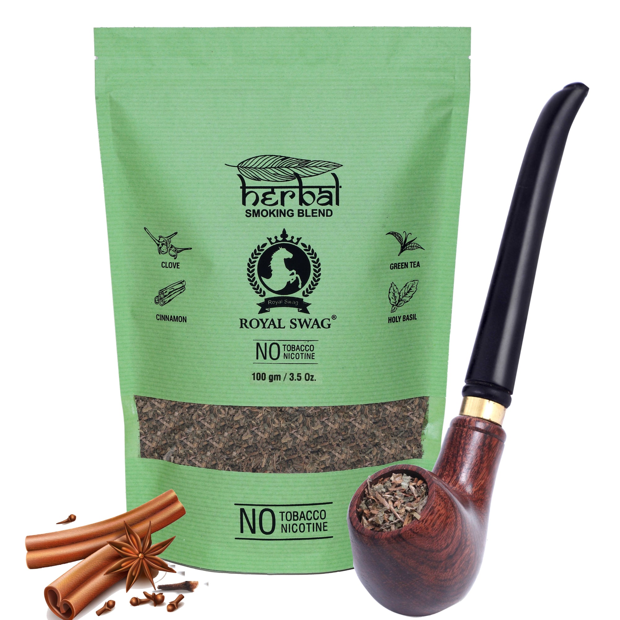 Tobacco & Nicotine Free Herbal Smoking Blend + Wooden Pipe (3.5 Oz/