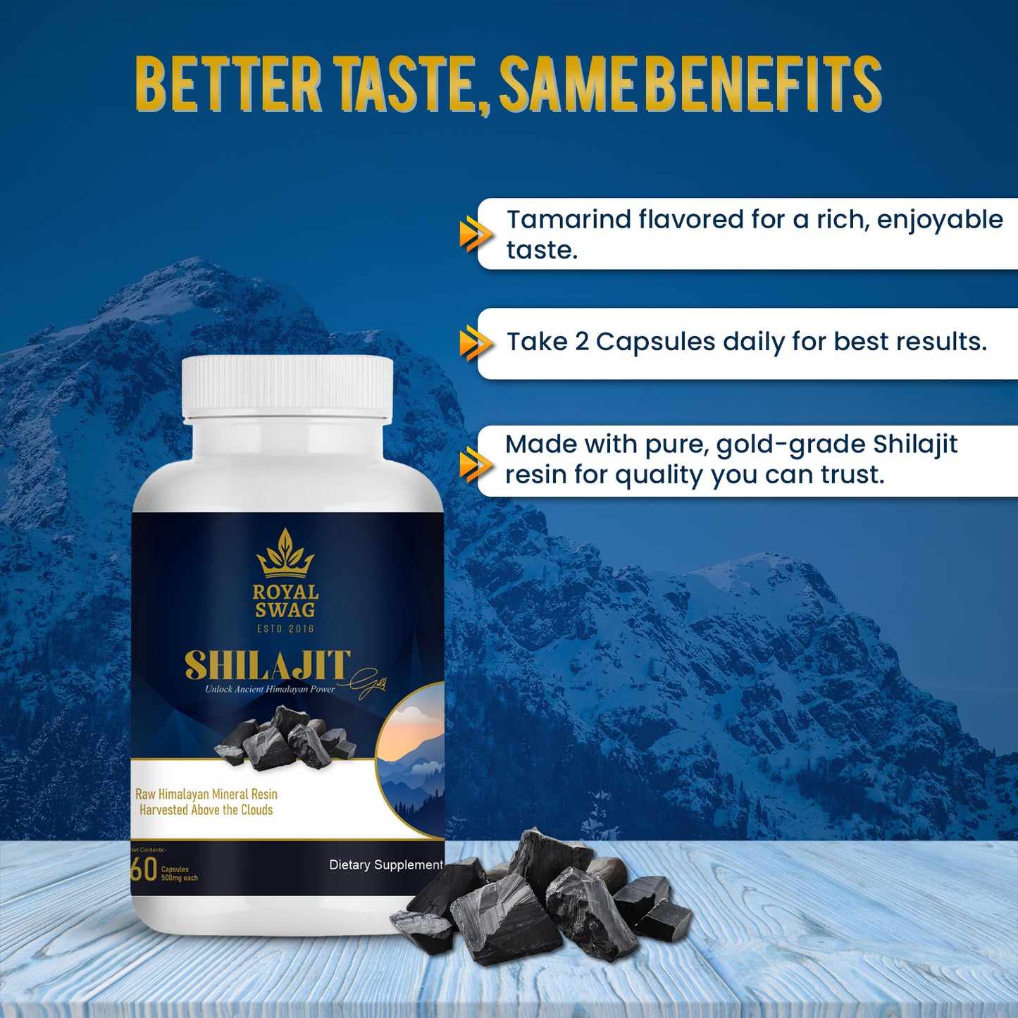 ROYAL SWAG Shilajit Capsules for Men | Hard Gelatin Shell | Stamina, Vitality, Hormonal Balance, Cognitive & Immune Support | Adaptogen & Antioxidant | 60 Capsules