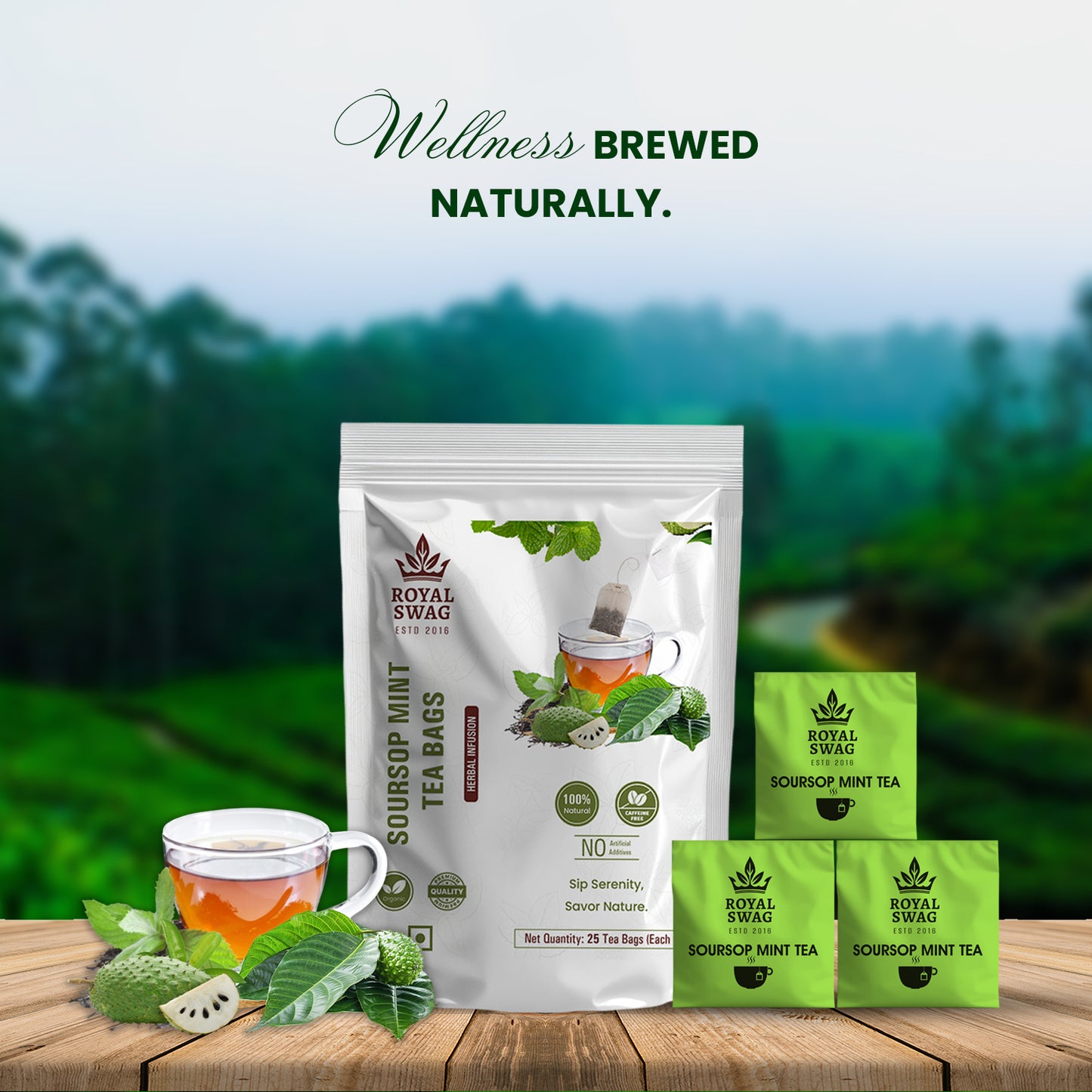 Royal Swag Soursop Mint Herbal Tea Bags | Premium Soursop Leaf & Mint Blend | 25 Herbal Tea Bags | Caffeine-Free Wellness Tea