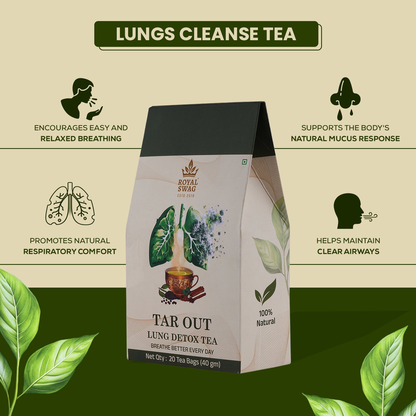 Royal Swag Lung Cleanse Herbal Tea – Ayurvedic Lung Detox Tea with Tulsi & Mulethi | Respiratory Support Tea | 20 Tea Bags
