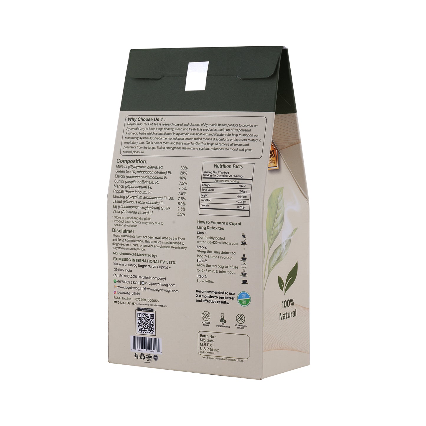 Royal Swag Lung Cleanse Herbal Tea – Ayurvedic Lung Detox Tea with Tulsi & Mulethi | Respiratory Support Tea | 20 Tea Bags