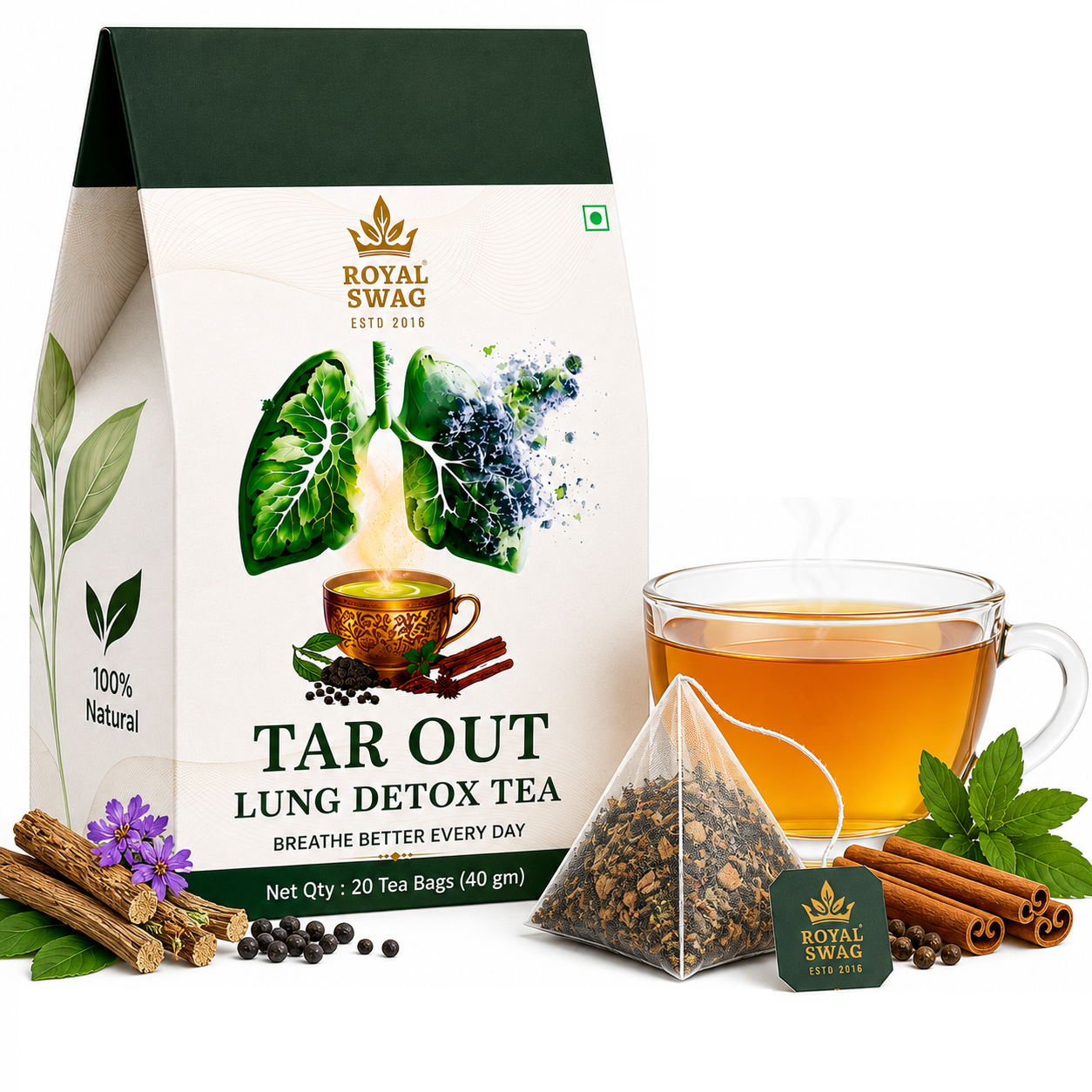 Royal Swag Lung Cleanse Herbal Tea – Ayurvedic Lung Detox Tea with Tulsi & Mulethi | Respiratory Support Tea | 20 Tea Bags