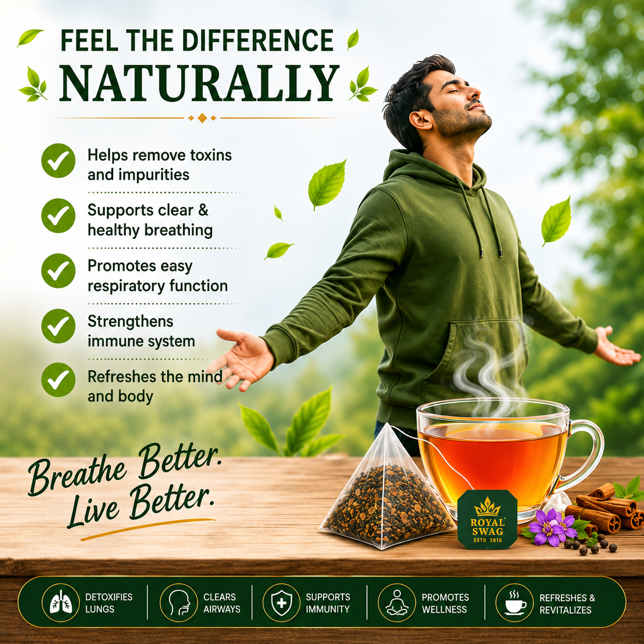 Royal Swag Lung Cleanse Herbal Tea – Ayurvedic Lung Detox Tea with Tulsi & Mulethi | Respiratory Support Tea | 20 Tea Bags