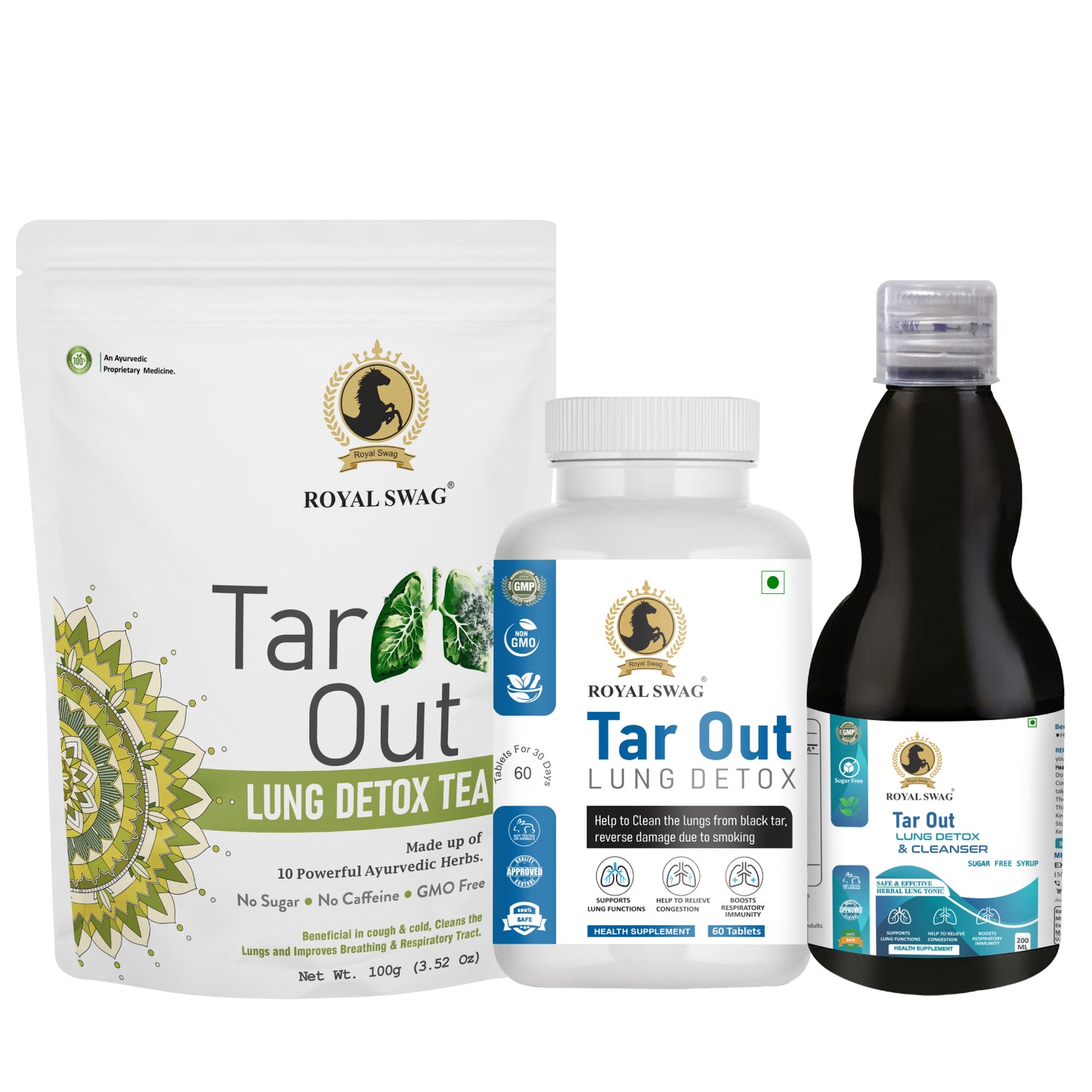 Combo Pack of Tar Out Lung Detox Tea 100g(3.52 oz), 60 Tablets and Syrup(200 ml)