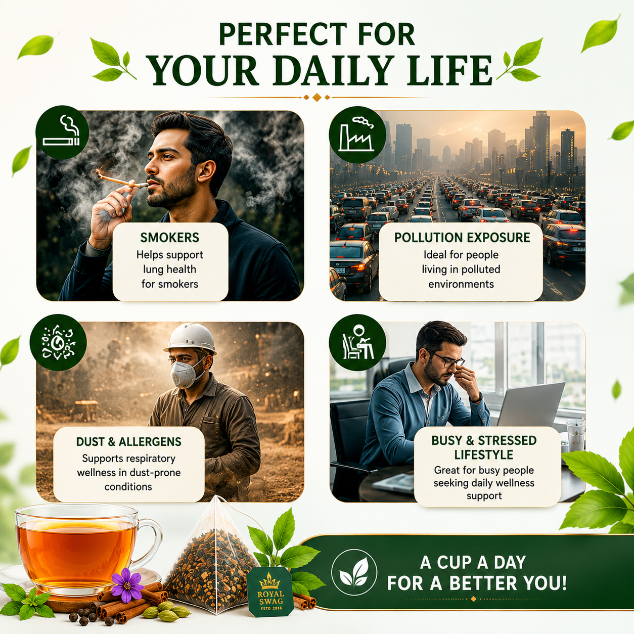 Royal Swag Lung Cleanse Herbal Tea – Ayurvedic Lung Detox Tea with Tulsi & Mulethi | Respiratory Support Tea | 20 Tea Bags