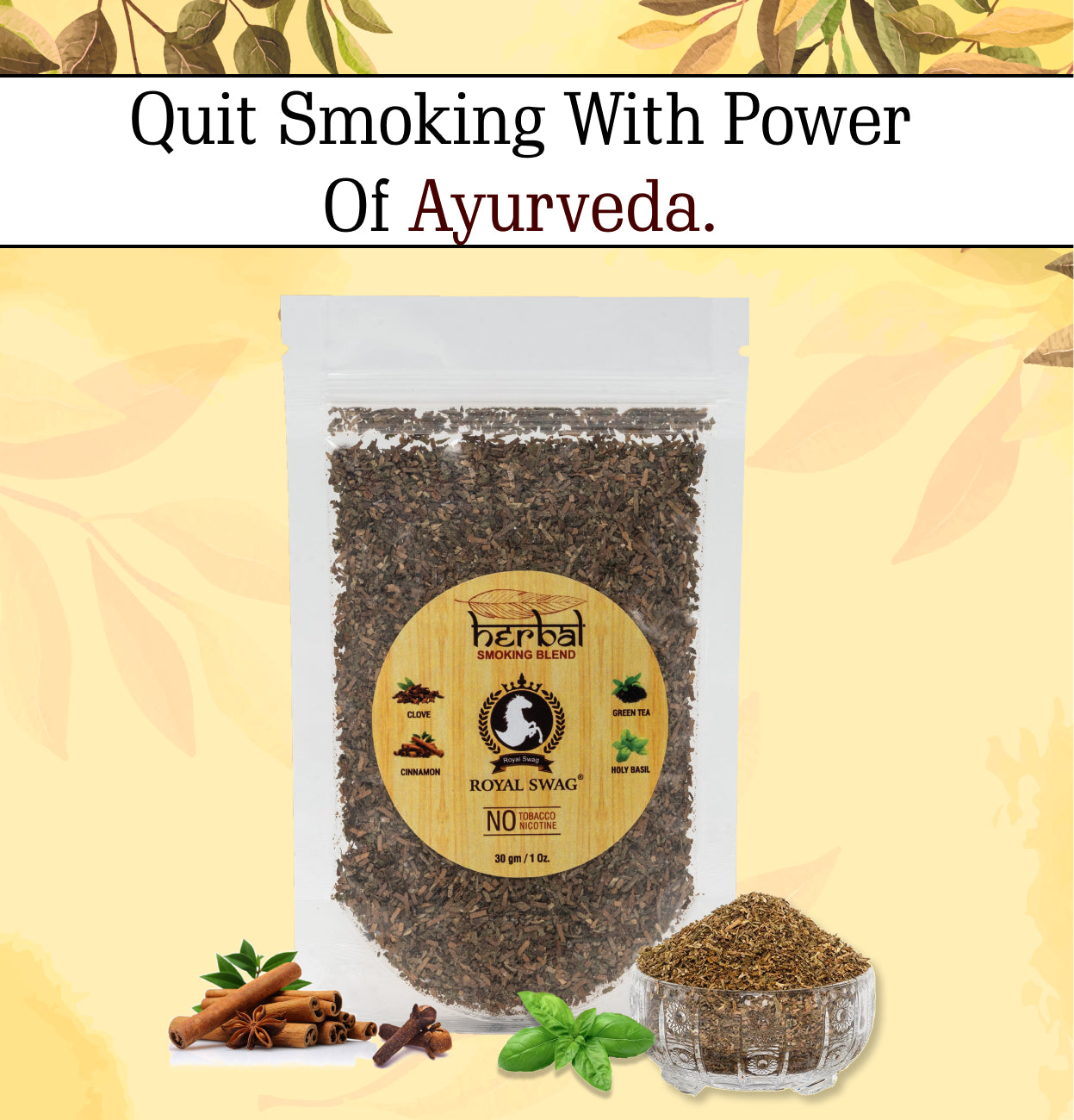 Premium Herbal Ayurvedic Smoking Mixture Blend + Captain Smoking Wooden Steel Pipe (1 oz/ 30g)