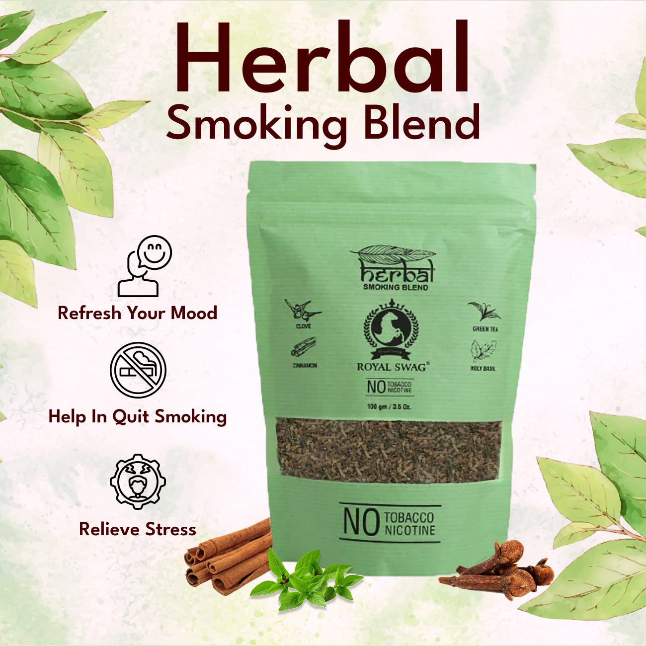 Tobacco & Nicotine Free Herbal Smoking Blend + Wooden Steel Pipe - (3.5 Oz/ 100G)