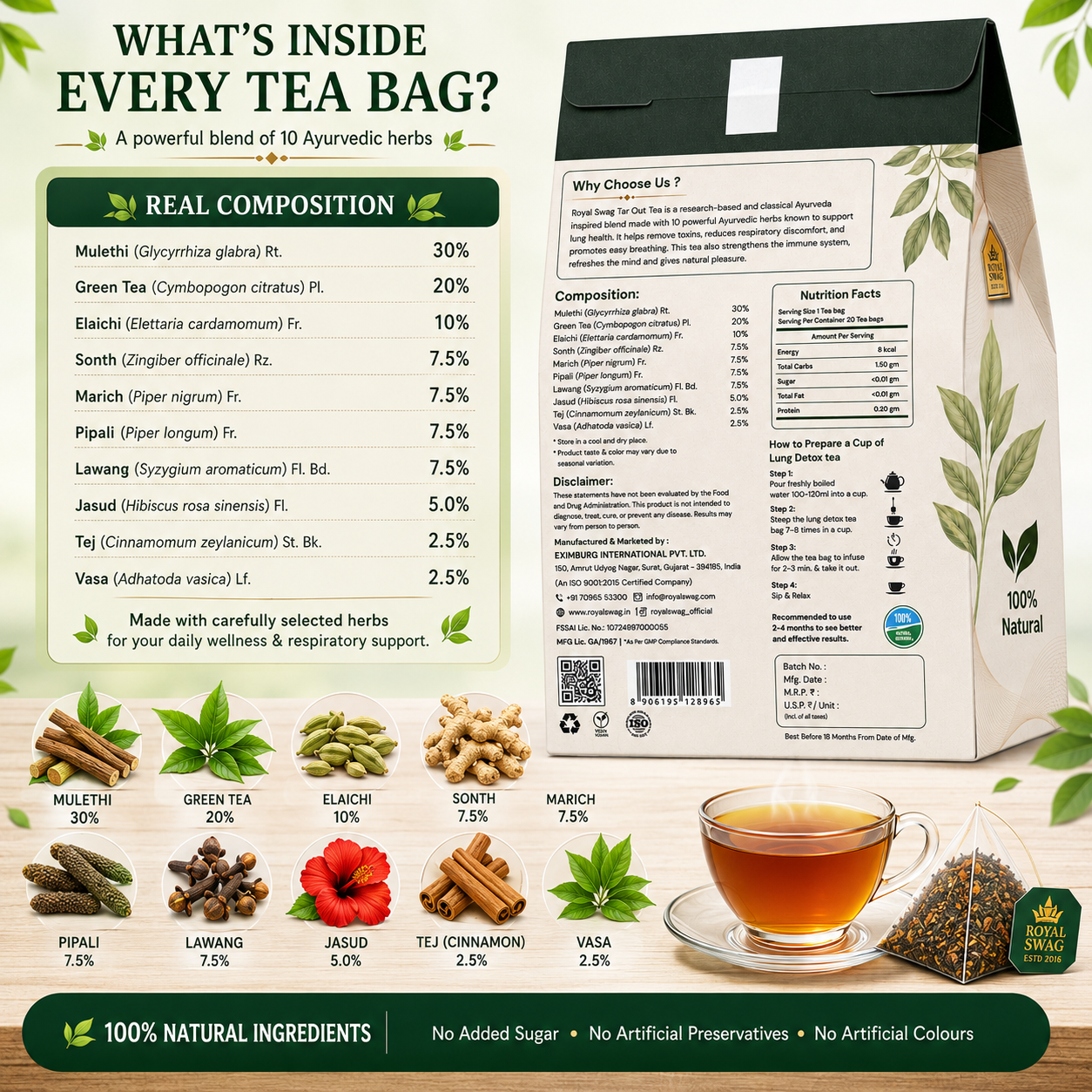Royal Swag Lung Cleanse Herbal Tea – Ayurvedic Lung Detox Tea with Tulsi & Mulethi | Respiratory Support Tea | 20 Tea Bags