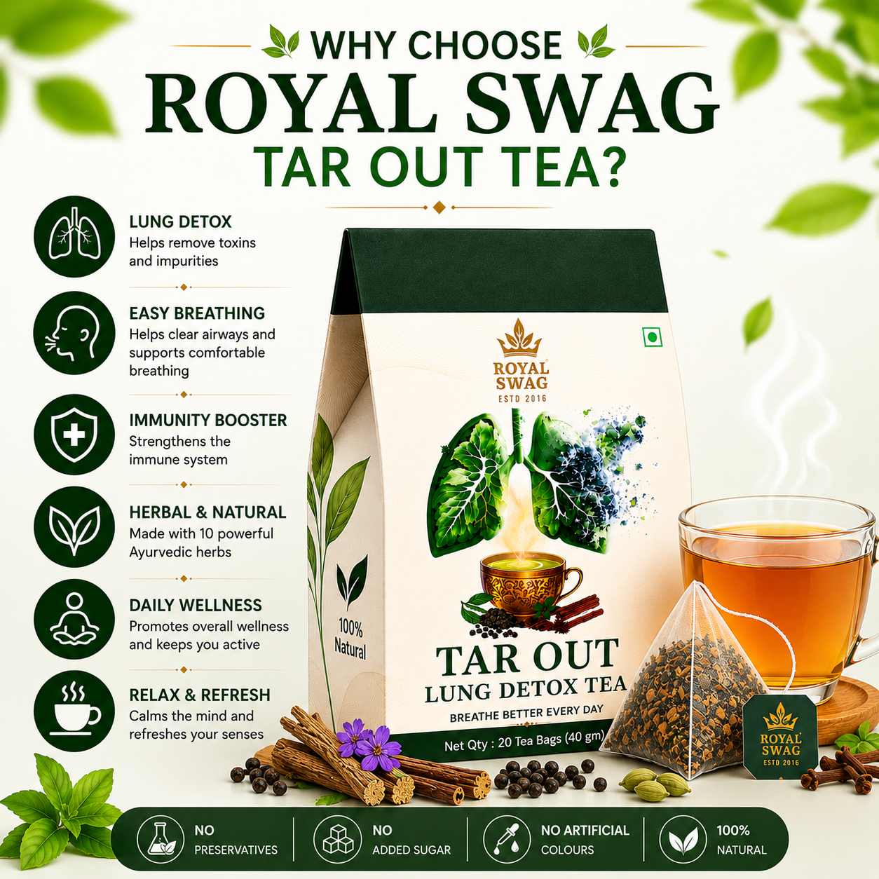 Royal Swag Lung Cleanse Herbal Tea – Ayurvedic Lung Detox Tea with Tulsi & Mulethi | Respiratory Support Tea | 20 Tea Bags