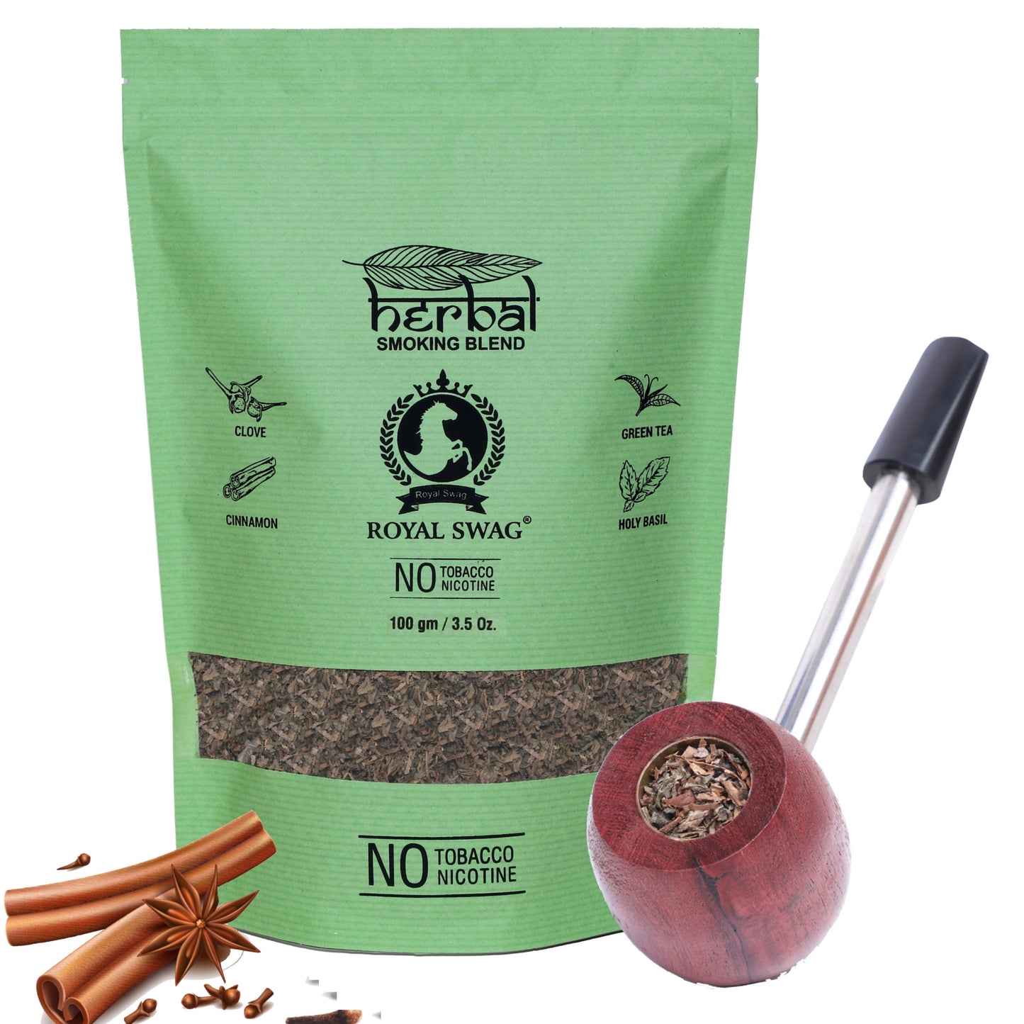 Tobacco & Nicotine Free Herbal Smoking Blend + Wooden Steel Pipe